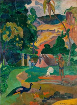 ポール・ゴーギャン Painting - マタモエ孔雀のある風景ポスト印象派原始主義ポール・ゴーギャン